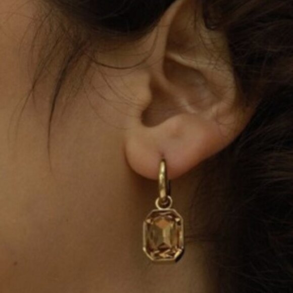 Rectangular Cubic Zirconia Champagne Hoop Earrings Gold PVD Stainless Steel - Picture 2 of 6